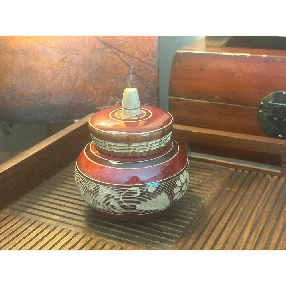 Vintage Mexican Hand Carved Red Wooden Round Trinket Box Cabo San Lucas